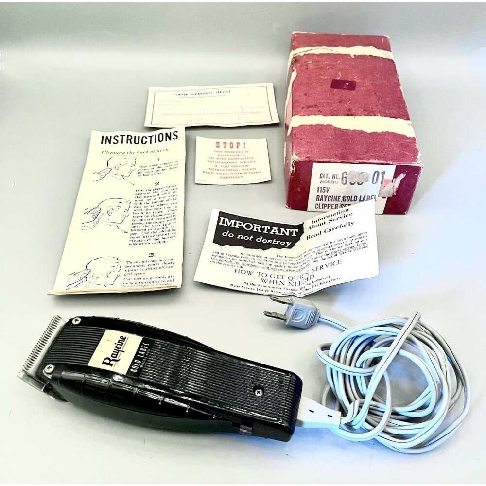 Vintage 1950s Raycine Clipper Gold Label 600 w/ Instructions Warranty Box Barber